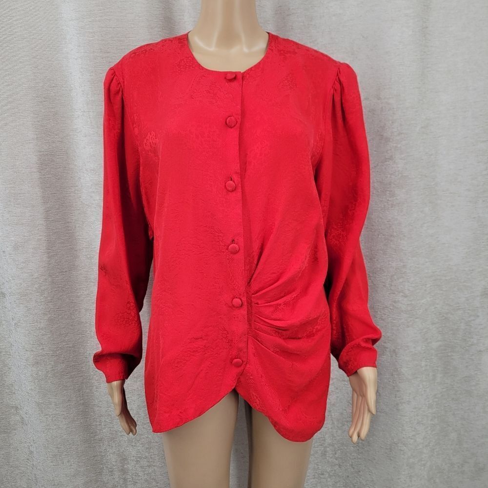 Vintage Silk Jacquard Red Women's Top Blouse Asymetrical Pleating Gathering